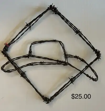 Assortment of western themed barbed wire decor. Hang up outside or indoors. Would make a unique gift...