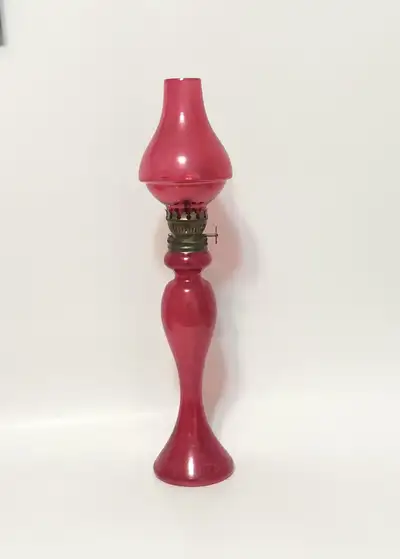 Large Vintage Ruby Red Glass Oil Lamp, View more