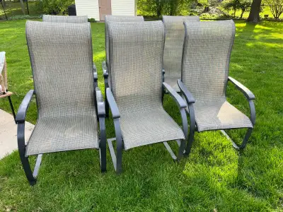 6 chairs, 2 bar chairs, 1 bar stool (for service), 1 collapsible bar with shelves, 1 umbrella stand,...