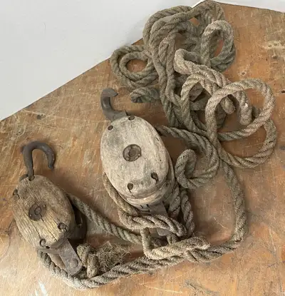 2 Vintage  Wood Block and Tackle Pulley System, View more