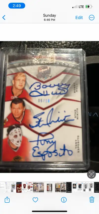 Triple signed card, Stan Mikita, Tony Esposito, and Bobby Hall, the cup, six out of 10 cars in a sha...