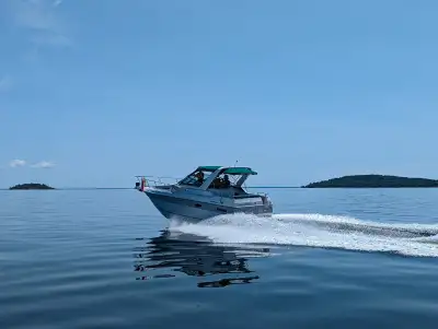 Twin 220 Chevs, Mercruiser outdrives, w/trailer. Hull and upholstery in excellent shape. Great boat,...