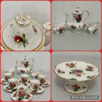 Hammersley Grandmother’s Rose Pedestal plate, tea cups, tea pot
