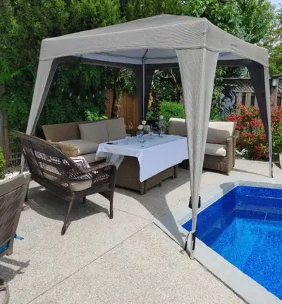 9 x 9 ft Outdoor Gazebo Comes with rain guard and 2 canvas Aluminum frame with extra pieces Purchase...