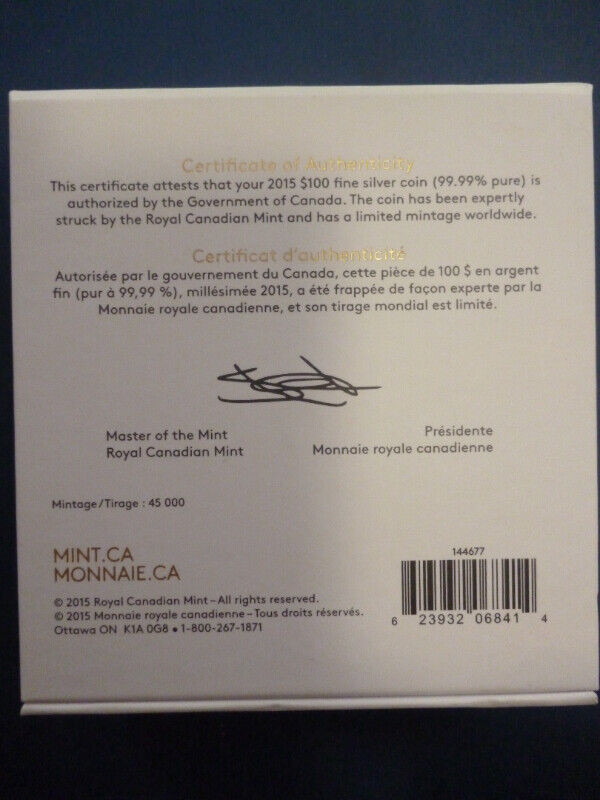 2015 $100 Canada fine silver coin Musk Ox - low mintage in Arts & Collectibles in Peterborough - Image 3