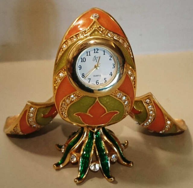 Beautiful Orange and Green Enamel Metal Egg Desk Clock Trinket B in Arts & Collectibles in Oshawa / Durham Region - Image 2