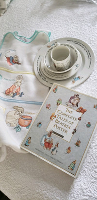 BEATRIX POTTER DISHES, SLEEPER and BOOK.