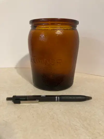 Vtg Pebbled Amber glass Humidor with raised letters. No chips., View more