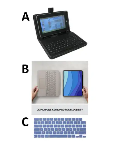 A) Étui de protection et un clavier QWERTY filaire pour une tablette (3) 15$ch B) Slim Combo Logitec...