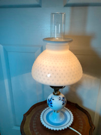 Vtg Milk Glass Hobnail Shade Blue & White Flowered Base Lamp