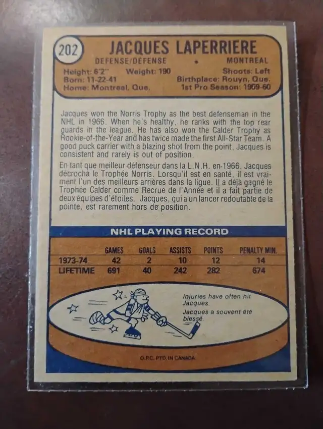 JACQUES LAPERRIERE VINTAGE HOCKEY CARD #202 SHARP!! OPC in Arts & Collectibles in Ottawa - Image 3