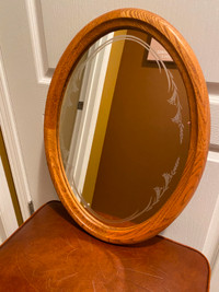 Antique Oval Solid Oak Mirror with Etching Design