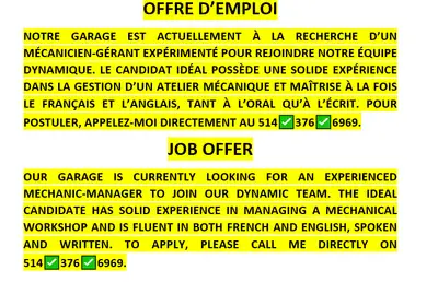 *******OFFRE D’EMPLOI******* NOTRE GARAGE EST ACTUELLEMENT À LA RECHERCHE D’UN MÉCANICIEN-GÉRANT EXP...