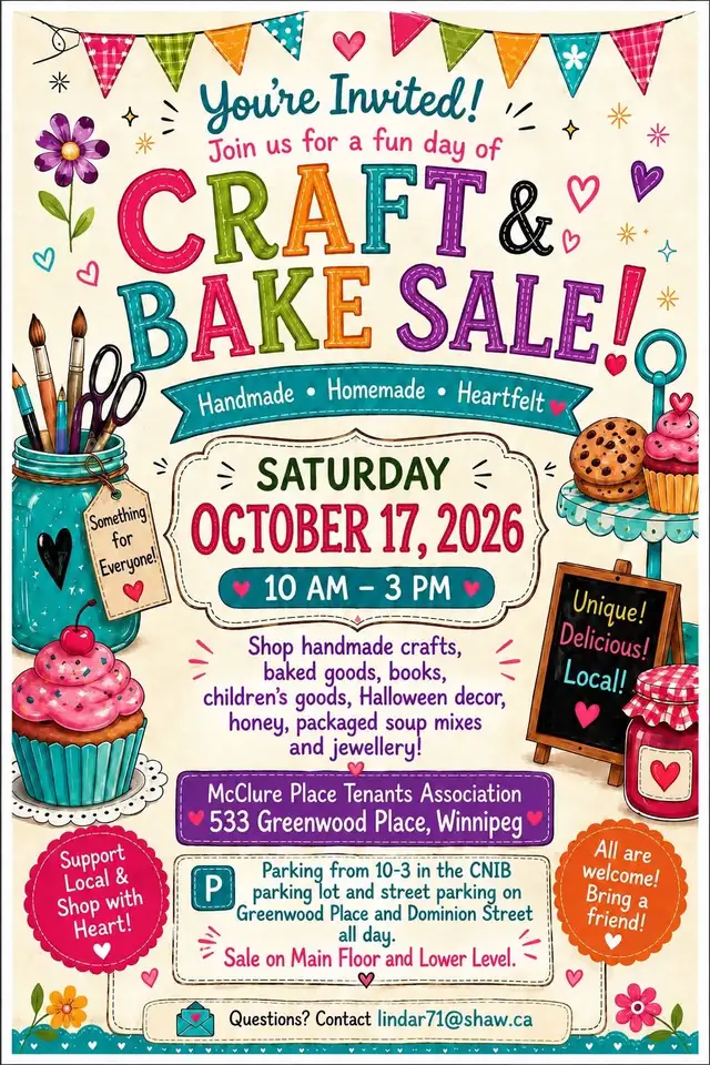 7 DAYS TO THE CRAFT & BAKE SALE! Saturday October 17 10am-3pm