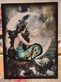 The mermaid holding a star - moon - picture mounted on wood - re