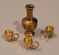 Vintage Brass Dollhouse Miniature Vase & 3 Miniature Cups