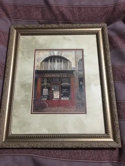 Chui tak hak print 13” wide by 15” high under glass in ornate wooden frame and beige border. Print o...