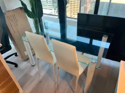 Glass Dining Table + 6 White Faux Leather Chairs – 2 New in Box, View more