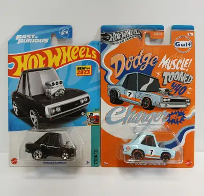 Tooned '70 Dodge Charger Fast & Furious - 2023 Hot Wheels Tooned 2/5 Gulf - 2024 Hot Wheels Silver S...