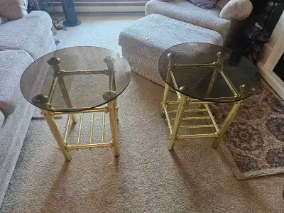 Vintage MCM hollywood regency polished brass side tables, View more