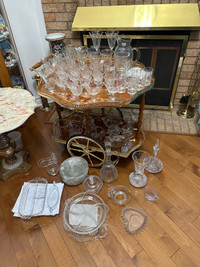 Huge collection of vintage Hughes Cornflower crystal plates, gla