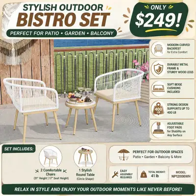 3-Piece Patio Bistro Set, PE Wicker Conversation Furniture, View more