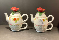 2 in 1 personal tea pot w/ red Rose on the lid Old Country Rose