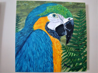 Acrylic Painting, Parrot Among the Palm Fronds