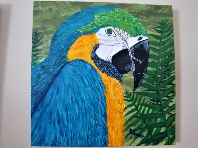 Acrylic Painting, Parrot Among the Palm Fronds, View more
