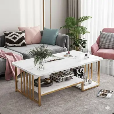 White Faux-Marble Coffee Table with Gold Geometric Frame , View more