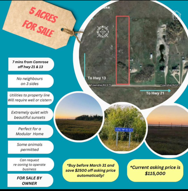 CAMROSE COUNTY!!  5 ACRES raw land. 7 mins from Camrose. in Land for Sale in Strathcona County