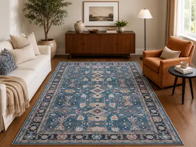 New Area Rug: Boho Design in Weathered Blue & Blush, View more