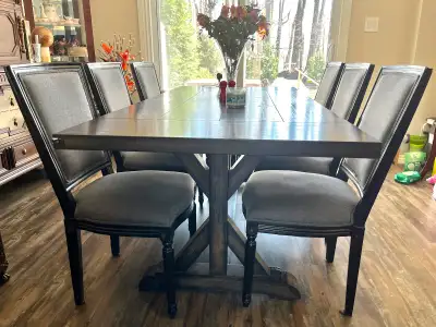 Farmhouse dining table and 6 high quality rustic hardwood chairs, View more