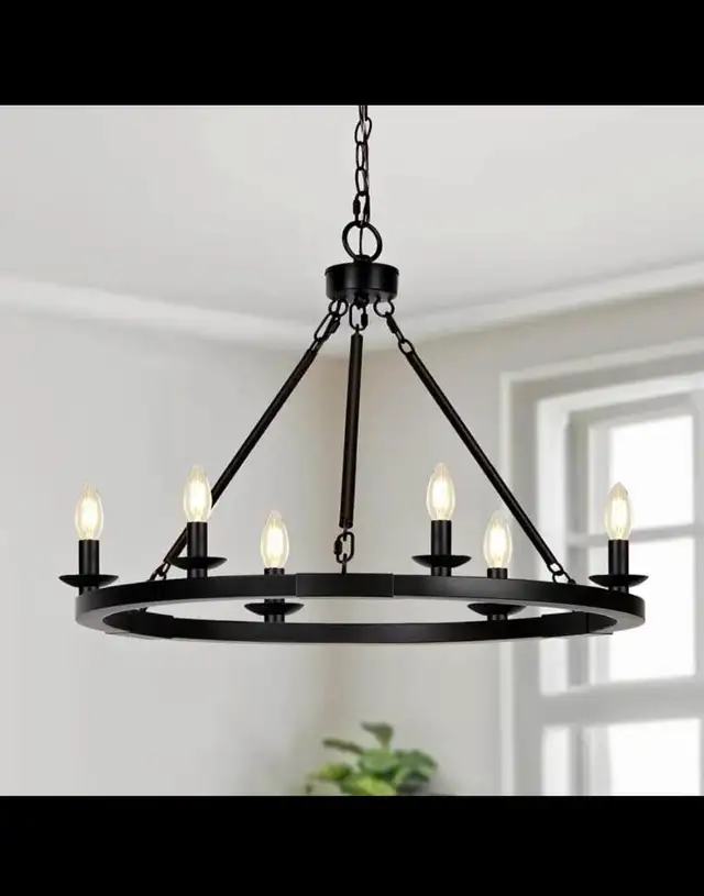Black Farmhouse Chandelier, 6-Light Wagon Wheel Chandelier wit A in Indoor Lighting & Fans in Hamilton - Image 2