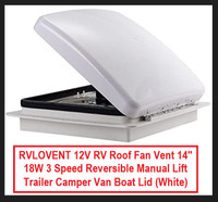 (NEW) RV Roof Fan Vent 12V 14'' 3Speed Reverse Manual Lift White