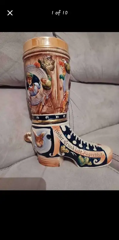 Rare Antique German beer stein boot. Hand painted ceramic., View more