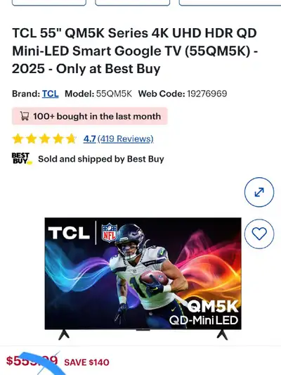 (2025) TCL 55" QM5K QLED 4K Smart QD-Mini LED TV, View more