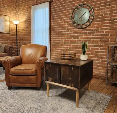 Distressed large wood side table with storage, View more