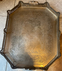 Vintage large brass tray hand etched footed with handles 