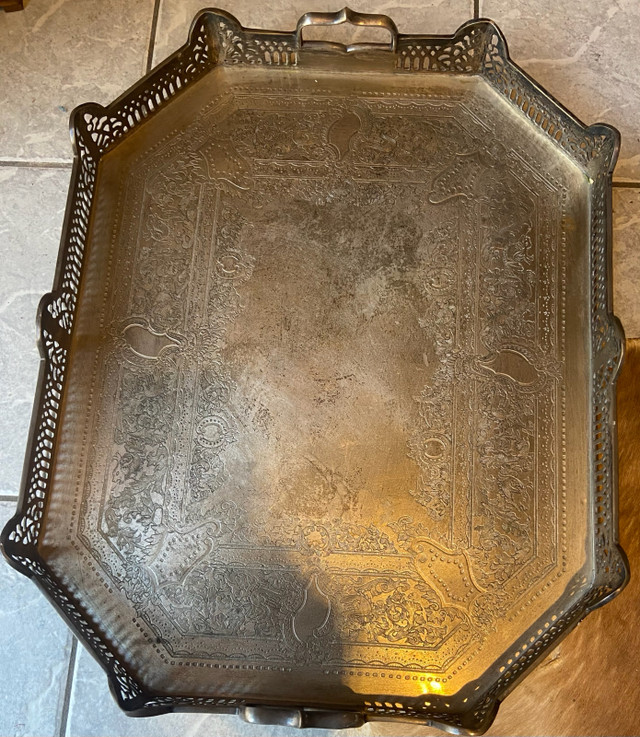 Vintage large brass tray hand etched footed with handles  in Arts & Collectibles in La Ronge