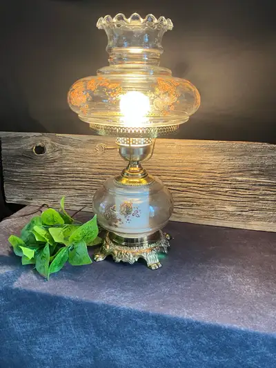 18” Clear Glass Hurricane Lamp with gold roses , View more