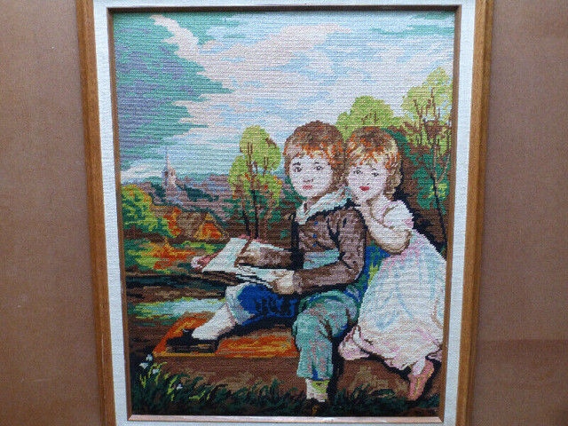 Petit point enfants tableau artiste paysage eglise dans Art et objets de collection  à Longueuil/Rive Sud