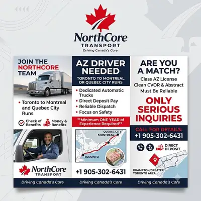 AZ DRIVER NEEDED FOR MONTREAL AND QUEBEC CITY RUNS, View more