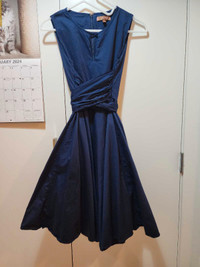 Dark blue A-line, midi dress, with wide wrap  around waist tie