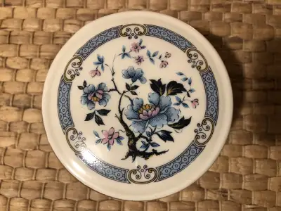 MCM Round Porcelain Box With Blue Floral Motif Made In England By Sadler 3.5”diameter x 2.5”h Follow...