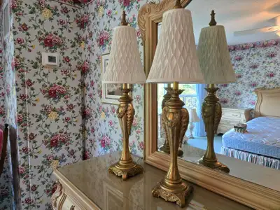 Pair of Gold Ornate Candlestick Table Lamps, View more