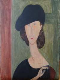 Art Deco oil painting JEANNE HEBUTERNE in HAT reprod. signed