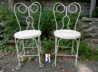 2 Old Ice Cream Parlor Twist Wrought Iron & Wood Garden Chairs