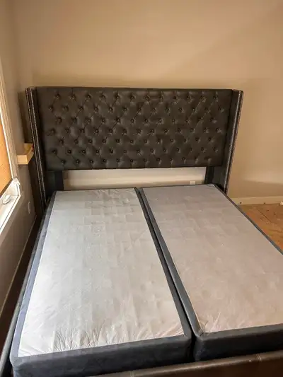 King size bed frame, and split box springs., View more