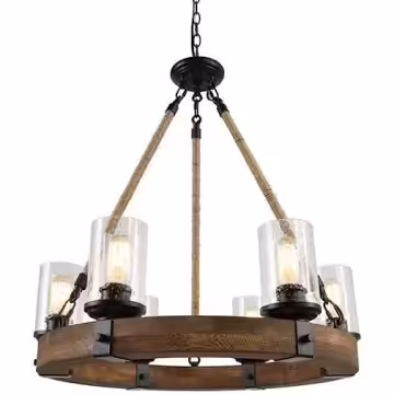 Wooden ring design (wagon wheel) glass shades, With six Edison style lights all included, This chand...